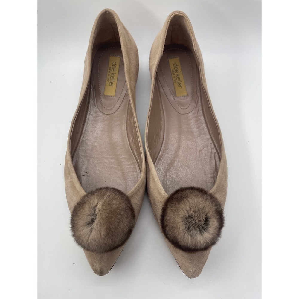 Dee Keller Italy Taupe Suede Fur Pom Pom Pointed Toe Ballet Flats Womens 38.5